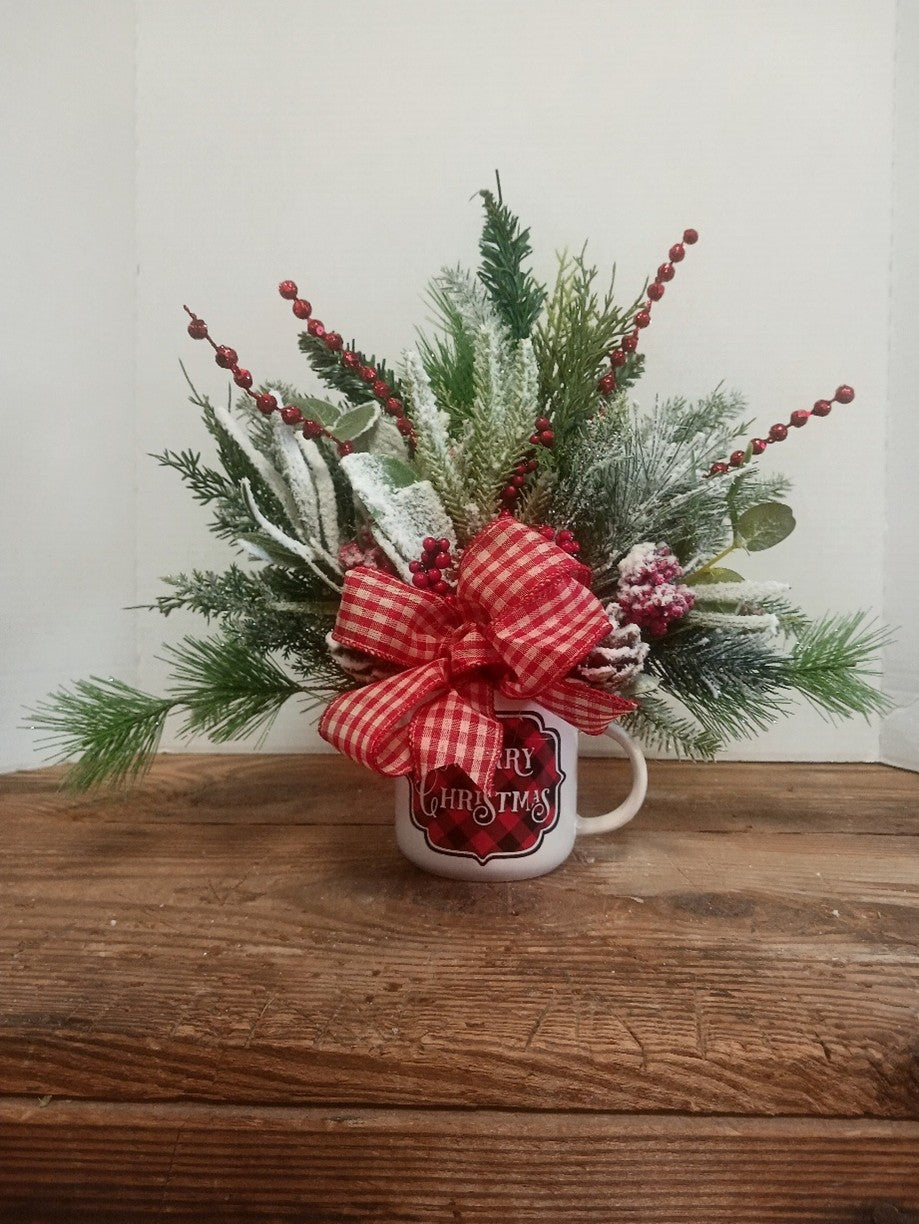 Merry Christmas Cup with Red Gingham Bow